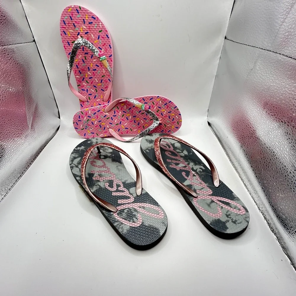 Justice Girls Flip Flop Bundle Pink Sprinkles Grey Tie Dye Glitter Size 6-7